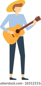 Full length illustration of a young musician wearing casual clothes and a straw hat, playing an acoustic guitar, isolated on white background