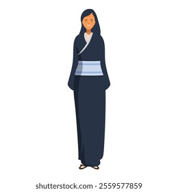 Full length illustration of a young woman wearing a traditional japanese kimono dress with obi