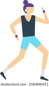 Full length illustration of a young woman with purple hair tied up in a bun, wearing a dark tank top, light blue shorts, and purple wristbands, running with one arm bent and the other extended