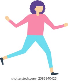 Full length illustration of a young woman running, wearing casual clothes, with purple curly hair, suggesting concepts of fitness, activity, and a healthy lifestyle