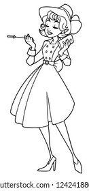 Full length line art illustration of an elegant woman wearing vintage blue dress and hat against white background for copy space.