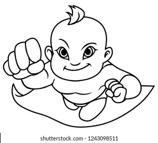 Full length line art illustration of super baby smiling while flying.