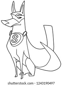 Full length line art illustration of a strong and healthy dog wearing superhero cape and mask against white background for copy space.