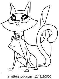 Full length line art illustration of a strong and healthy cat wearing superheroine cape and mask against white background for copy space.