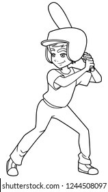 Full length line art illustration of competitive and confident boy smiling while holding the baseball bat during match against white background for copy space.