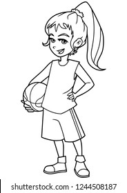 Full length line art illustration of cute and active girl holding a basketball while wearing cool summer clothing outdoors against white background for copy space.