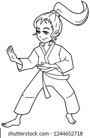 Full length line art illustration of determined girl wearing karate suit while practicing martial arts for self-defense against white background for copy space.