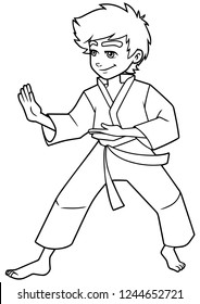 Full length line art illustration of determined boy wearing karate suit while practicing martial arts for self-defense against white background for copy space.