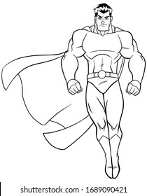 Full length line art illustration of powerful superhero looking down while soaring on white background.