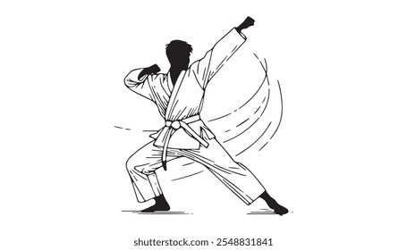 Ilustración de arte lineal de cuerpo hábil ejercitando el equilibrio y la flexibilidad durante la postura de karate contra el fondo blanco para el espacio de copia.