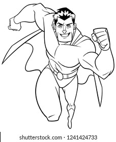 Full length line art of a powerful and muscular superhero running fast during courageous mission isolated on white background for copy space.