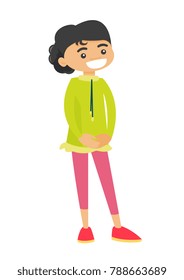 Full length of little caucasian white smiling girl standing and posing. The concept of childhood. Vector cartoon illustration isolated on white background.