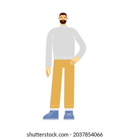 Full length male character. Boy stands and smiles. Modern young man in casual outfit. Vector illustration, flat design. Isolated on white. 