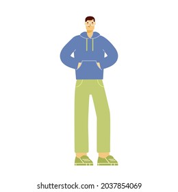 Full length male character. Boy stands and smiles. Modern young man in sweatshirt and glasses. Colored flat vector illustration isolated on white background