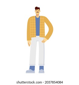Full length male character. Boy stands and smiles. Modern young man with a mustache in casual clothes. Vector illustration, flat design. Isolated on white. 