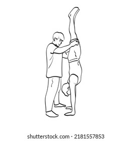 Full length of male instructor assisting man in practicing handstand illustration vector hand drawn isolated on white background line art.
