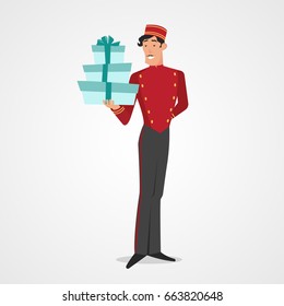 Full Length Male Porter Concierge Holding Stack Of Boxes Isolated Over White. Vector Illustration