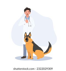 Longitud completa del veterinario masculino con perros. Veterinario de profesión mostrando el pulgar como buen servicio. hombre veterinario con perros. Ilustración de dibujos animados de vector plano