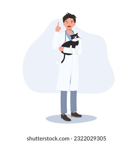Full length of male Veterinarian Hugging cat and giving information suggestion. Profession veterinarian. man vet holds a cat. Flat vector cartoon illustration