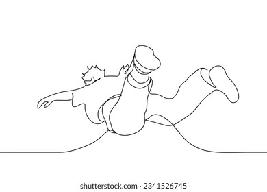 full length man flying down in free flight mode without parachute, her hair fluttering - one line drawing vector. the concept of flying in a dream, falling, imagining yourself a bird