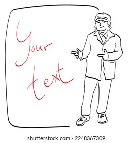 full length of man with hat pointing at blank space illustration vector hand drawn isolated on white background line art.