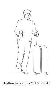 full length man rolling suitcase with wheels and holding ticket in hand - one line art vector. concept male tourist leaving or arriving. Handmade vector not AI