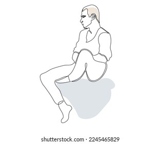 full length man sitting with bent leg,hand drawn, continuous mono line, one line art
