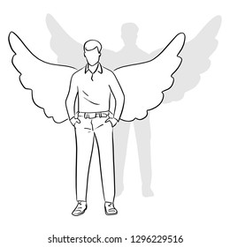 full length of man standing with wings on his back vector illustration sketch doodle hand drawn with black lines isolated on white background