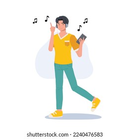 Full length man Wearing Headphones And Listening Music On Mobile Phone. flat Vector cartoon character illustration 