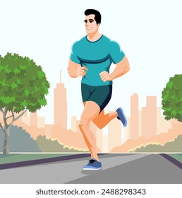 Full length of a man young smiling, using t-shirt and blue sneakers, running and having fun. Self-care, healthy lifestyle, wellness. Outdoor park, late afternoon or morning. Far from the city. Outdoor