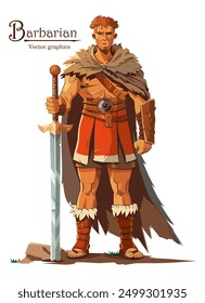 Full length manly barbarian with a large two-handed sword isolated on white background. Vector illustration in cartoon style