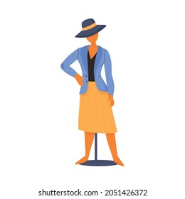 Full length mannequin dressed in jacket skirt and hat flat vector illustration