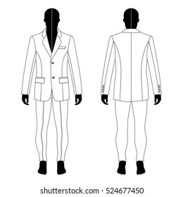 Full length man's black silhouette figure in a single breasted suit (jacket & skinny jeans) template (front & back view), vector illustration isolated on white background 