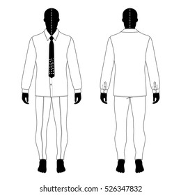 Full length man's black silhouette figure in in a long sleeve buttoned shirt & tie and skinny jeans template (front & back view), 
vector illustration isolated on white background 