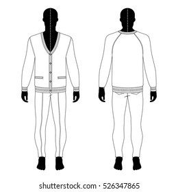 Full length man's black silhouette figure in a cardigan & skinny jeans template (front & back view), 
vector illustration isolated on white background 