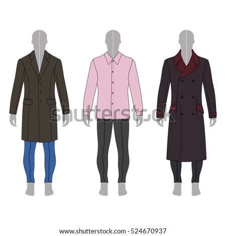 Full length man's gray silhouette figure in a coat, shirt and skinny jeans template set (front & back view), vector illustration isolated on white background 