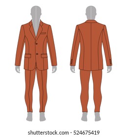 Full length man's grey silhouette figure in a single breasted suit (jacket & skinny jeans) template (front & back view), vector illustration isolated on white background 