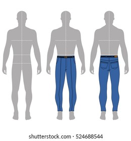 Full length man's grey silhouette figure in skinny jeans template (front & back view), vector illustration isolated on white background 