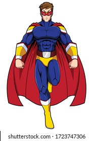 Full length mascot illustration of powerful superhero soaring on white background.