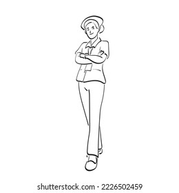 enfermera de larga distancia con el brazo cruzó la ilustración de la mano vectorial dibujada aislada en el arte de la línea de fondo blanca.