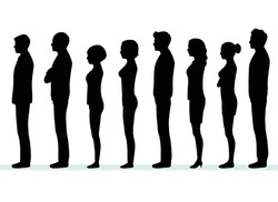 Full Length Of People Standing In Line. Vector Image, Group Of Silhouette People Man Woman Waiting, Male Side Pose, Character, Male And Female Standing 