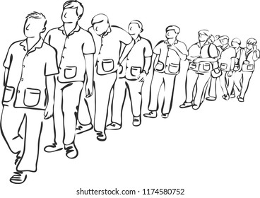 Full length of people walking in line against white background. Vector image