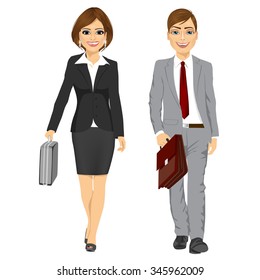 full length picture of a young business man and woman walking forward with a briefcase isolated on white background