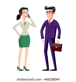 full length picture of a young business man and woman walking forward with a briefcase isolated on white background vector art