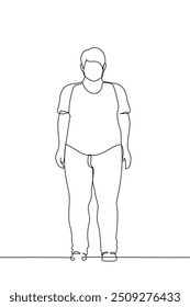 Hombre de talla grande de longitud completa de pie en camiseta y pantalones - Vector de arte de una línea Concepto de talla grande Modelo masculino, masculino. Vector hecho a mano no AI