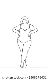 Mujer de talla grande de longitud completa de pie en traje de baño de una pieza - Vector de arte de una línea Concepto de talla grande Modelo femenino Traje de baño publicitario. Vector hecho a mano no AI