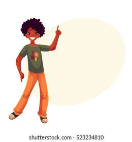 Full length portrait of african amercian teenaged boy in orange jeans dancing, cartoon style vector illustration isolated on yellow background with place for text. Smiling black boy with a wide smile