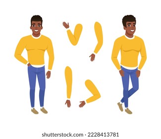 Full length portrait of African American teenage boy and arms set. Teen boy character creation, constructor for animation cartoon vector illustration