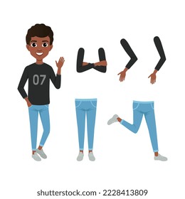 Full length portrait of African American boy in casual clothes with legs and arms collection. Cute boy character creation, constructor for animation cartoon vector illustration