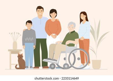 Full length portrait of asian family with children, mother, father, grandfather sitting in wheelchair, and cat. Flat vector illustration isolated